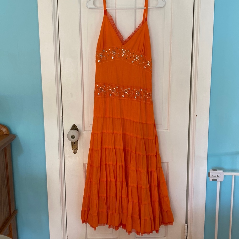 Long orange sundress with ruffles, lace, embroidery & sequin